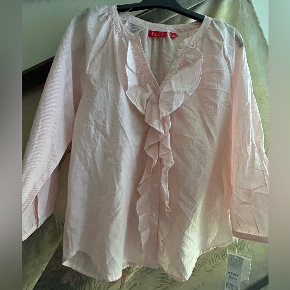 * New Elle Cotton Ruffle Front Button Down Blouse Shirt SZ Medium *